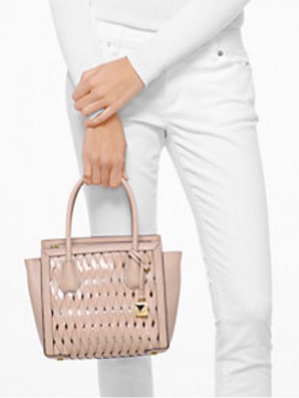 Michael Kors Mercer Studio Woven Leather Crossbody Satchel | Dusty Rose Pink - Picture 2 of 16